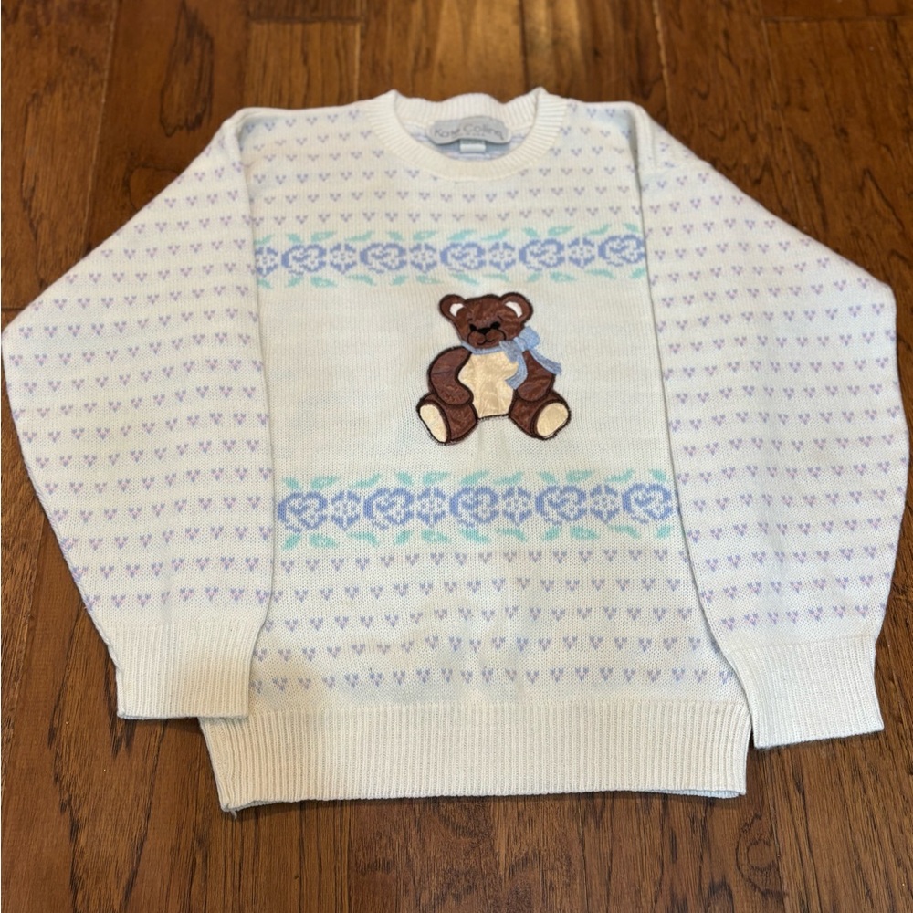 Vintage 90s Kate Collins Teddy Bear Knit Sweater Made in USA